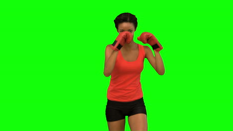mujer realizando una patada alta en la pantalla verde