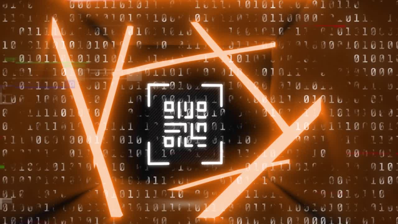 Animation of glitch technique over qr code in abstract pattern against binary codes