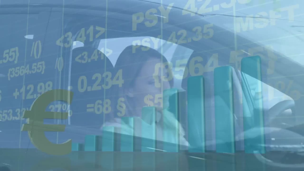 animación de procesamiento de datos sobre mujer caucásica en el coche