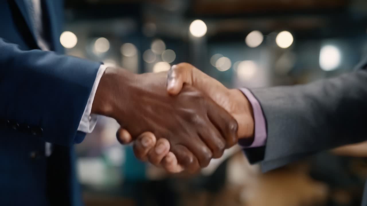 A Professional Handshake Between Two Businessmen Signifying Agreement, Partnership, and Mutual Trust in a Modern Office Environment with a Soft Focus Background