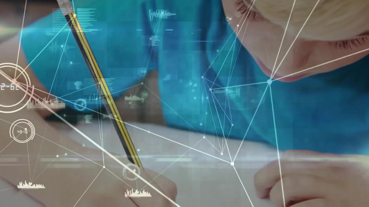 Schoolboy placing pencil on study worksheet and starting writing overlaying digital nodes and lines