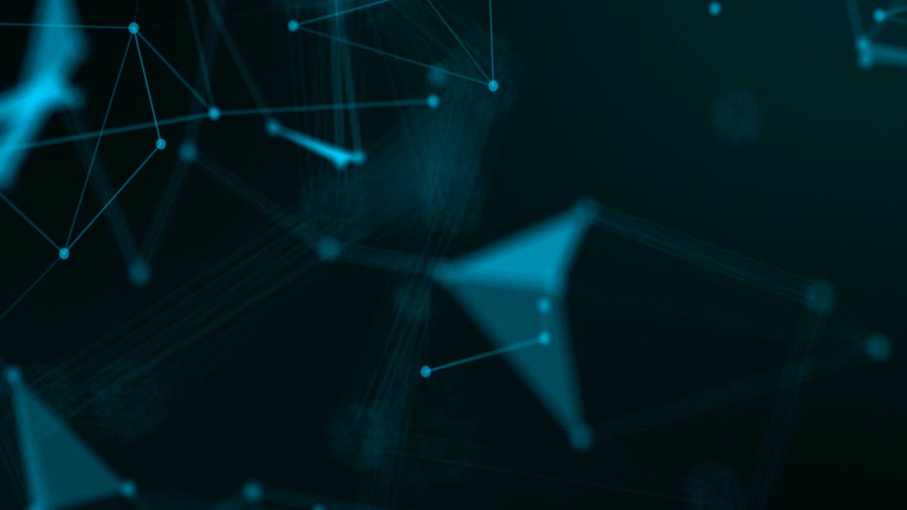 Abstract web background. polygon lines and dots moving randomly on dark gray/black background. Seamless loop.