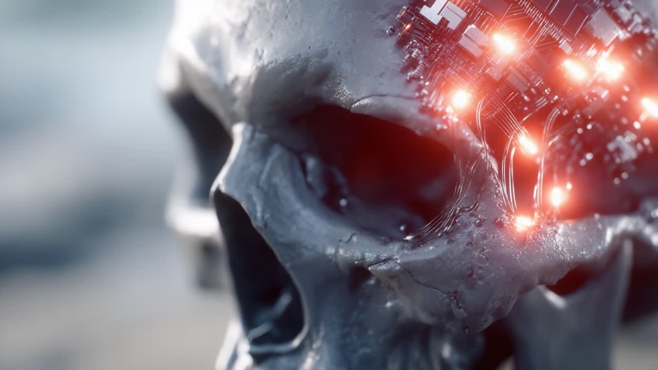 Teschio Cibernetico Futuristico: Una fusione di elementi organici e tecnologici che mostra circuiti digitali avanzati e componenti illuminati in un'esperienza visiva surreale.
