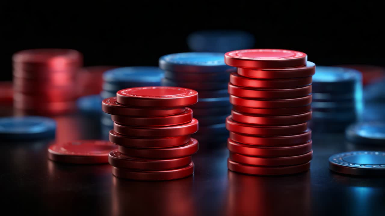 A Colorful Display of Stacked Red and Blue Casino Chips on a Dark Surface, Showcasing Gambling Elements and Strategy, Perfect for Illustrating Competitive Games and Betting Scenes