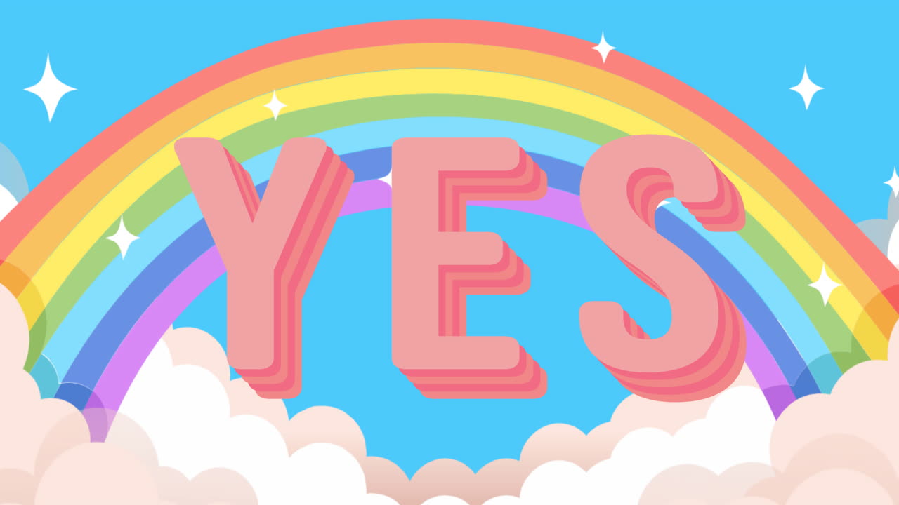 무지개 위에 '예' 텍스트의 애니메이션