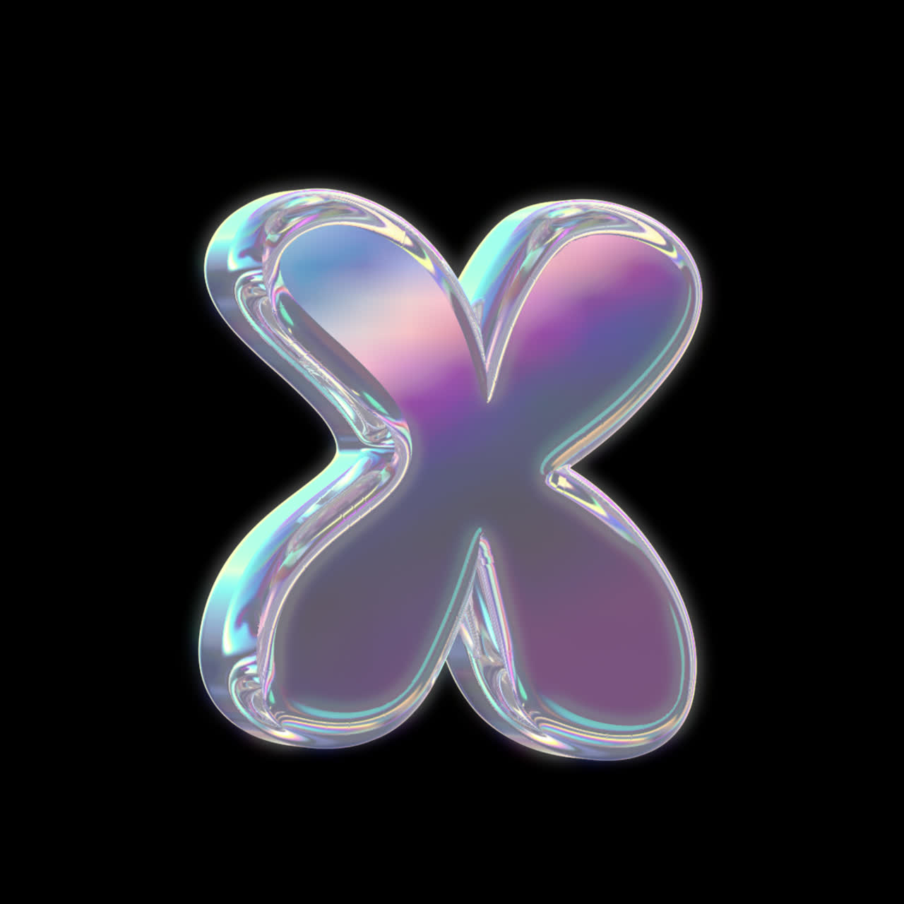 Lettera X rotante iridescente in 3D su sfondo nero