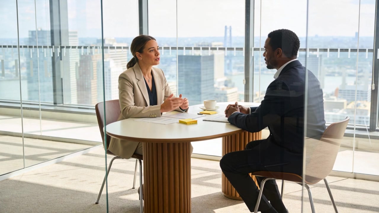 Leaning forward blazer woman pitching plan, dark-suit man noting at high-rise meeting room notepad