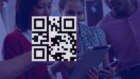 Animation of qr code over diverse female and male coworkers in office