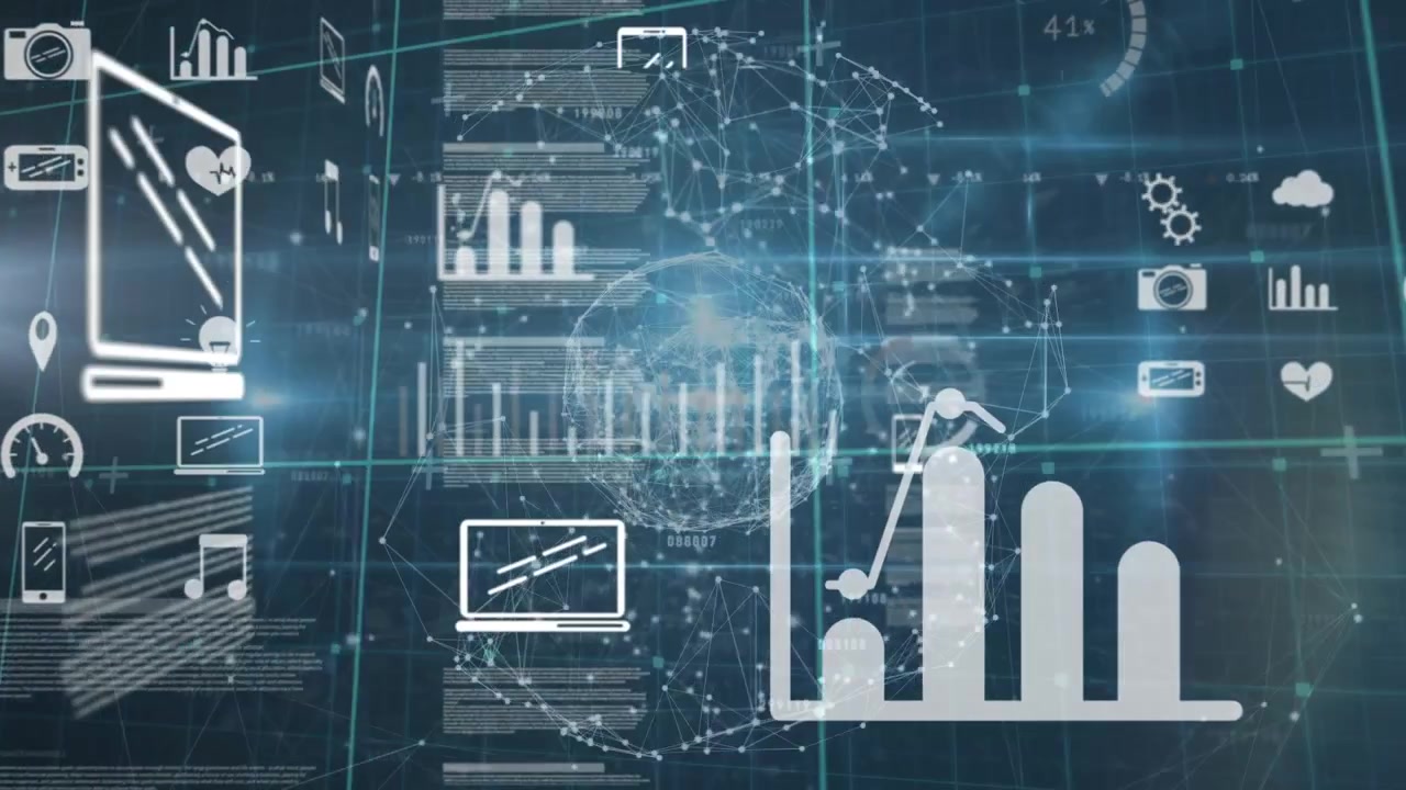 Animation of molecules and data processing on black background