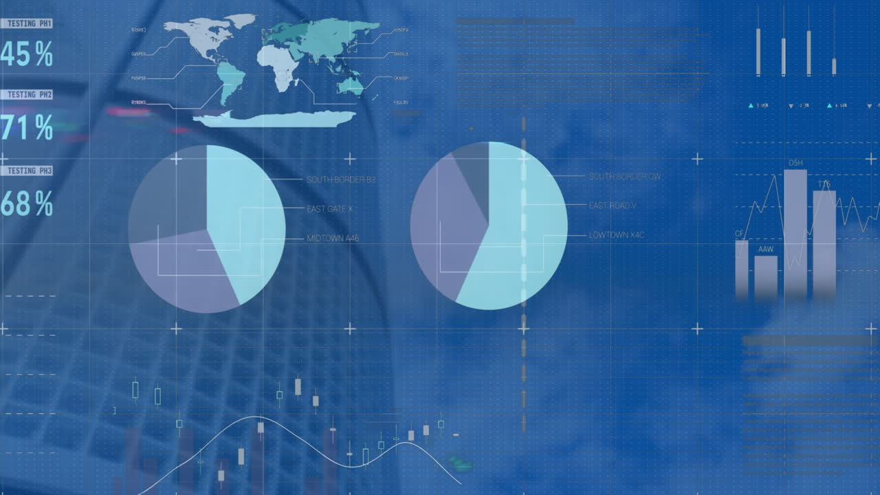 Animation of statistics and financial data processing over modern building