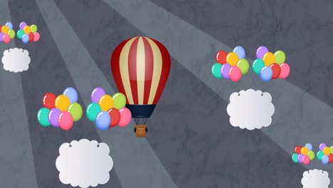 Animation-Von-Bunten-Luftballons,-Die-Mit-Wolken-Fliegen,-Und-Heißluftballons-Auf-Grauem-Hintergrund