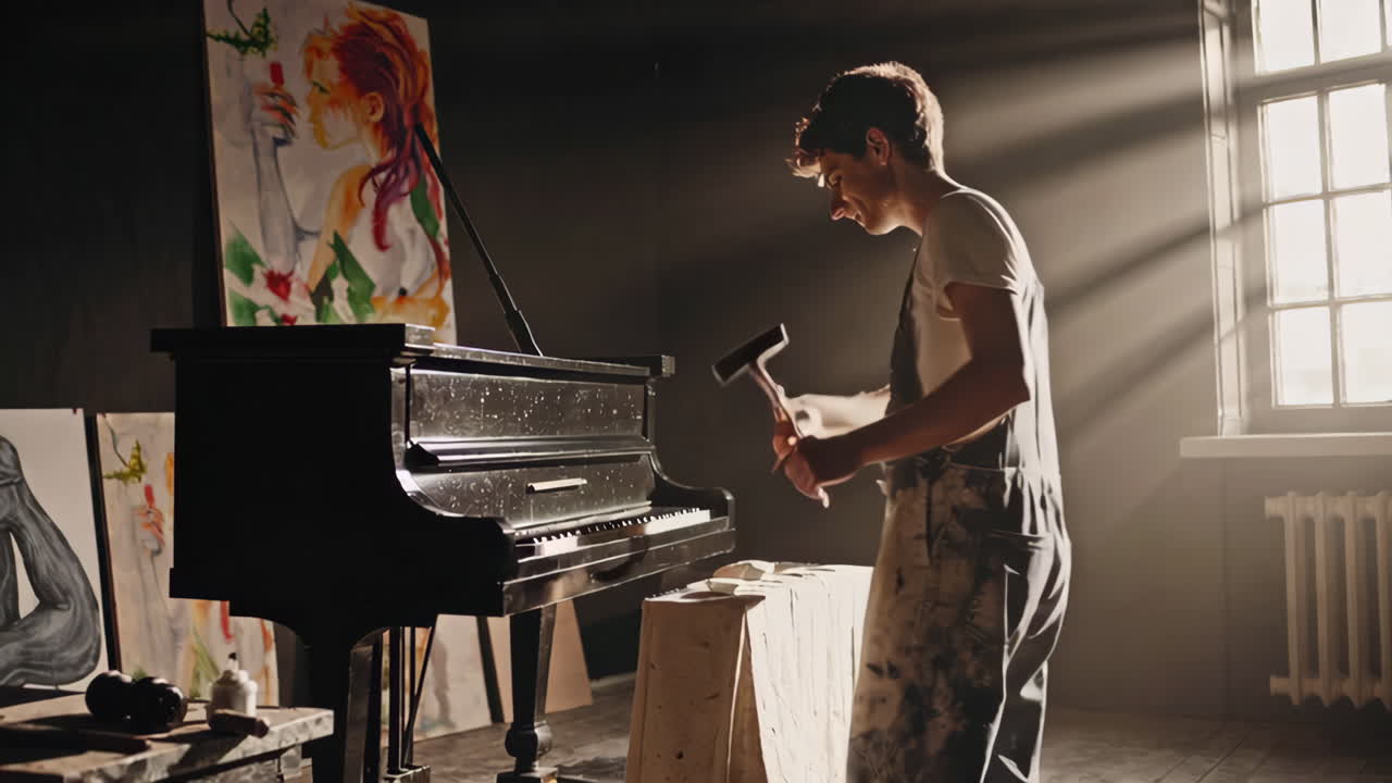 Artist Repairing a Piano in a Creative Studio