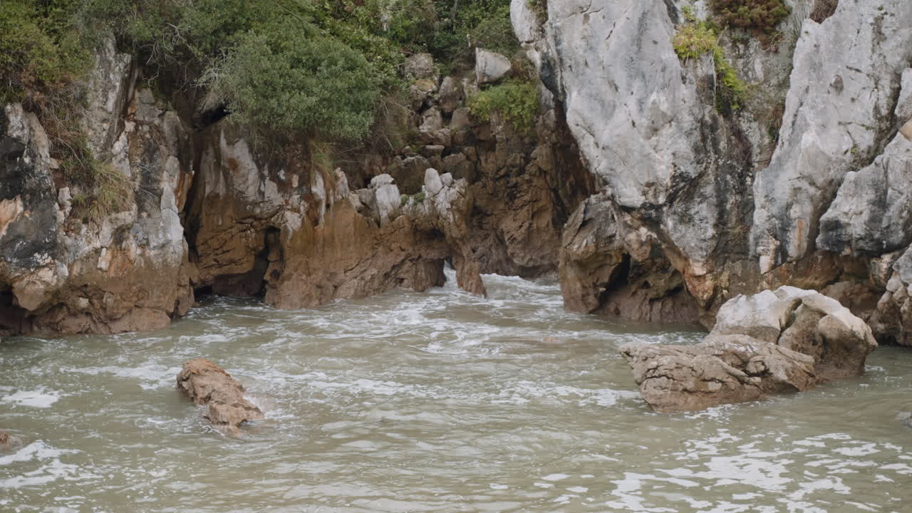 Coastal Rocky Beach with Caves and Waves