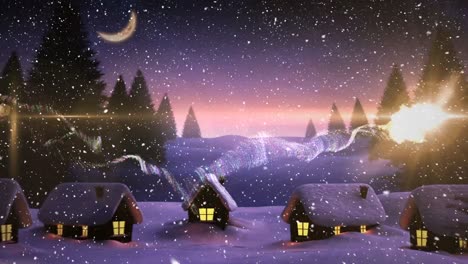 Video-composition-with-falling-snow--over-village-winter-scene-at-night