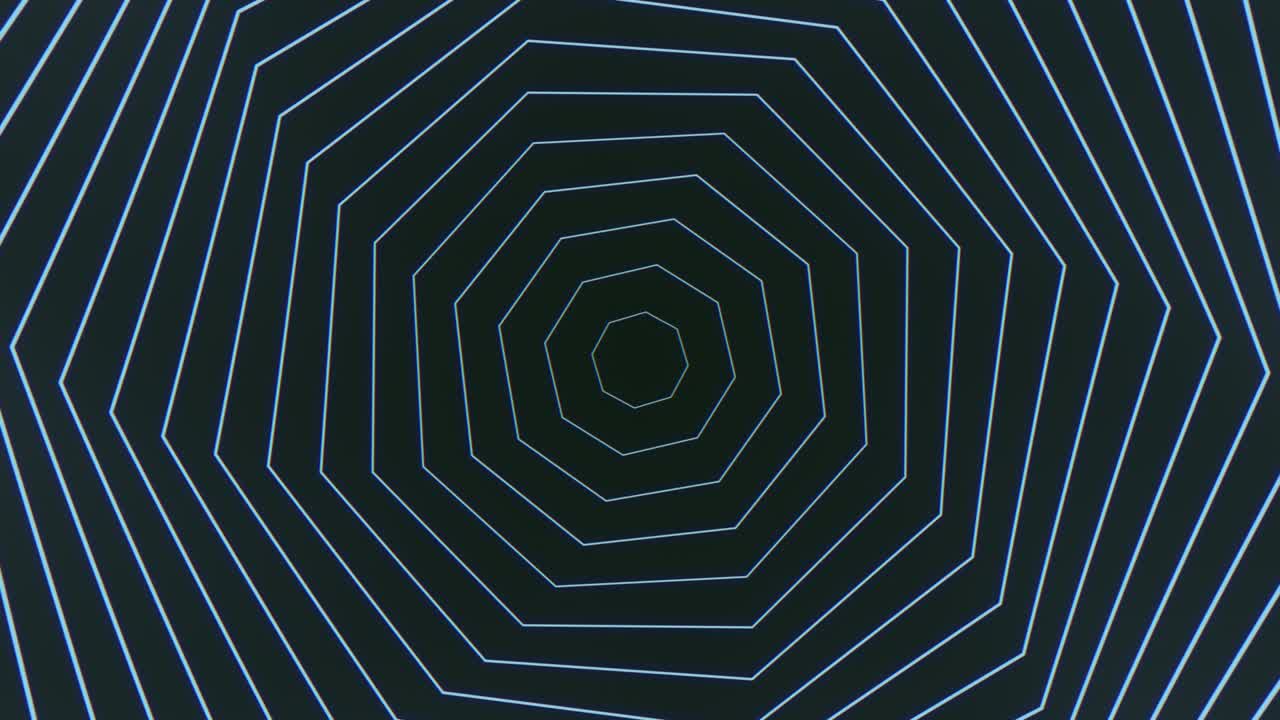 movimiento de hexágonos de espiral azul neón en el espacio oscuro