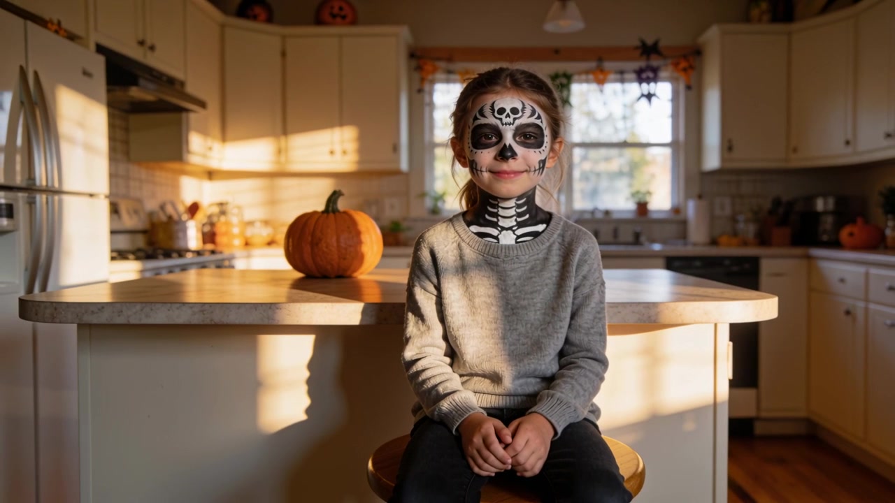 Niña joven con maquillaje de calavera de azúcar sentada en la cocina