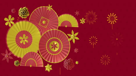 Animation-of-chinese-pattern-with-copy-space-on-red-background