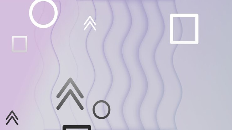 Animation of floating geometric shapes and arrows over wave pattern against abstract background