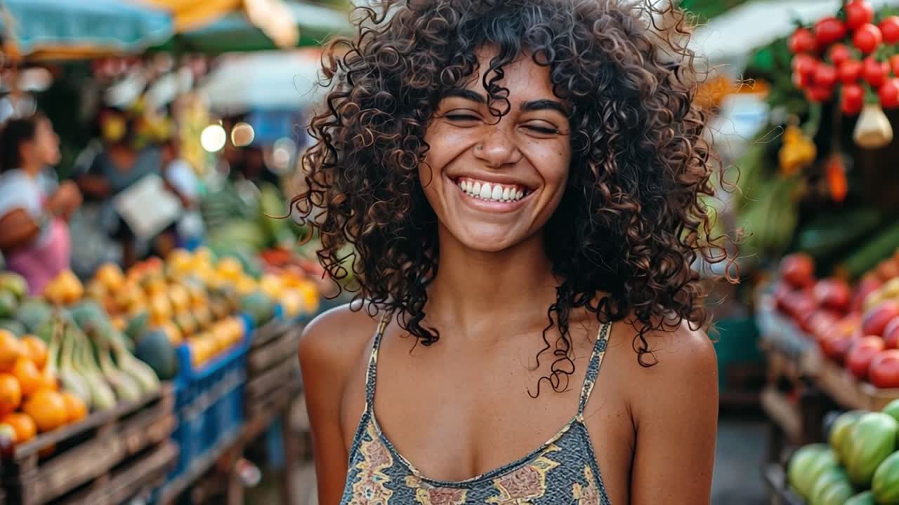 Smiling Woman with Curly Hair at an Outdoor Market