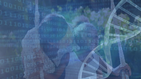 Animation-of-data-processing-and-dna-over-happy-african-american-mother-and-daughter-outdoors