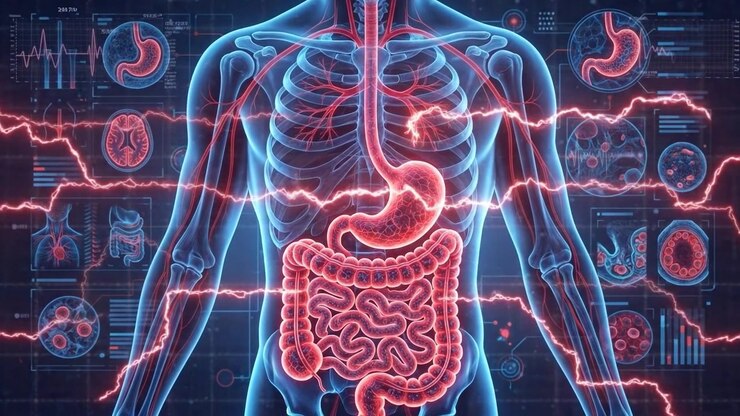 Glowing digital medical scan of digestive system