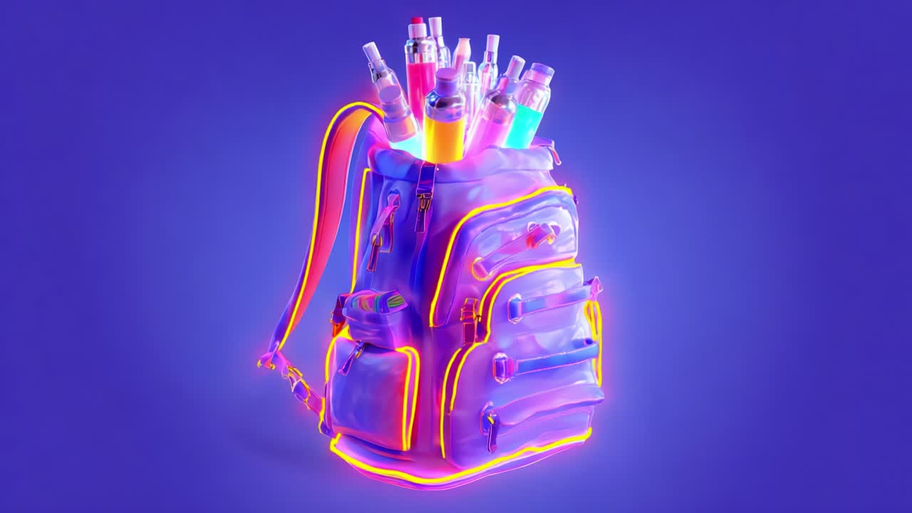 A Vibrant Backpack Overflowing with Colorful Vials and Bottles, Radiating Neon Hues on a Deep Purple Background, Perfect for Creative Adventurers and Students Alike