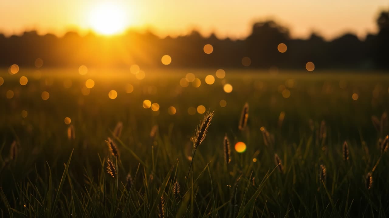 A Beautiful Sunrise Illuminating a Field of Grass with Glowing Bokeh Lights in the Background, Capturing the Essence of Nature's Tranquility and Splendor