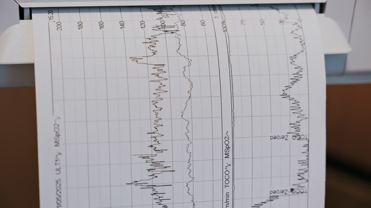 Close-up of a fetal monitor in a doctor's office, displaying fetal heart rate and uterine contraction data during a prenatal check-up