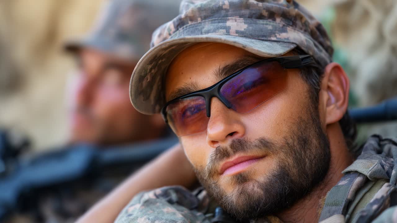 Un incontro ravvicinato con la determinazione: due soldati che riflettono cameratismo e resilienza tra le sfide mentre si concedono un momento di relax in tenuta militare e occhiali da sole