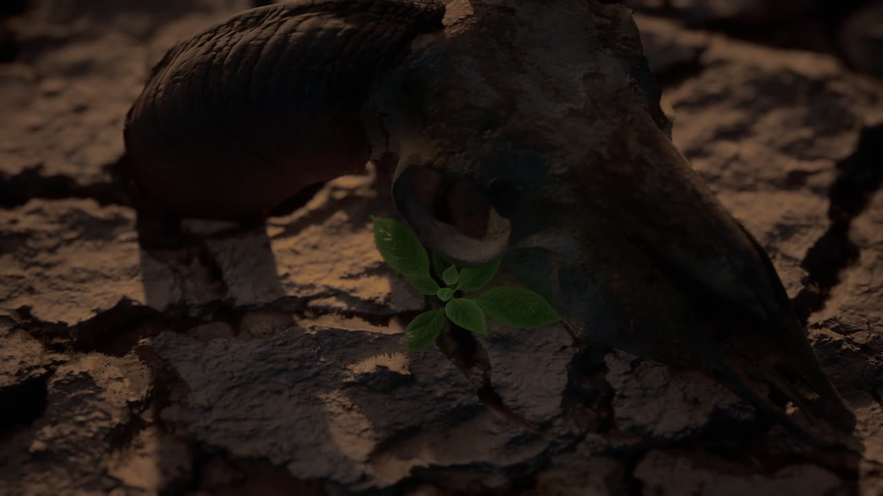 Small Green Plant Growing On Dry Ground Cracked And Bone Skull Animals, Global Warming Disaster Concept