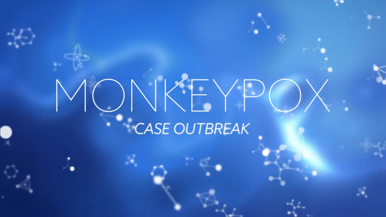 파란색 배경의 분자 위에 있는 원 ⁇ 이 천연두 텍스트의 애니메이션