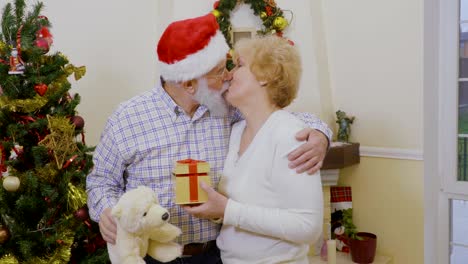 ancianos felices cerca del árbol de navidad