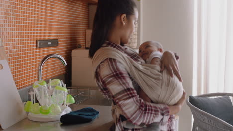 madre joven sosteniendo a su bebé trabajando en casa limpiando la cocina cuidando al bebé disfrutando de la maternidad