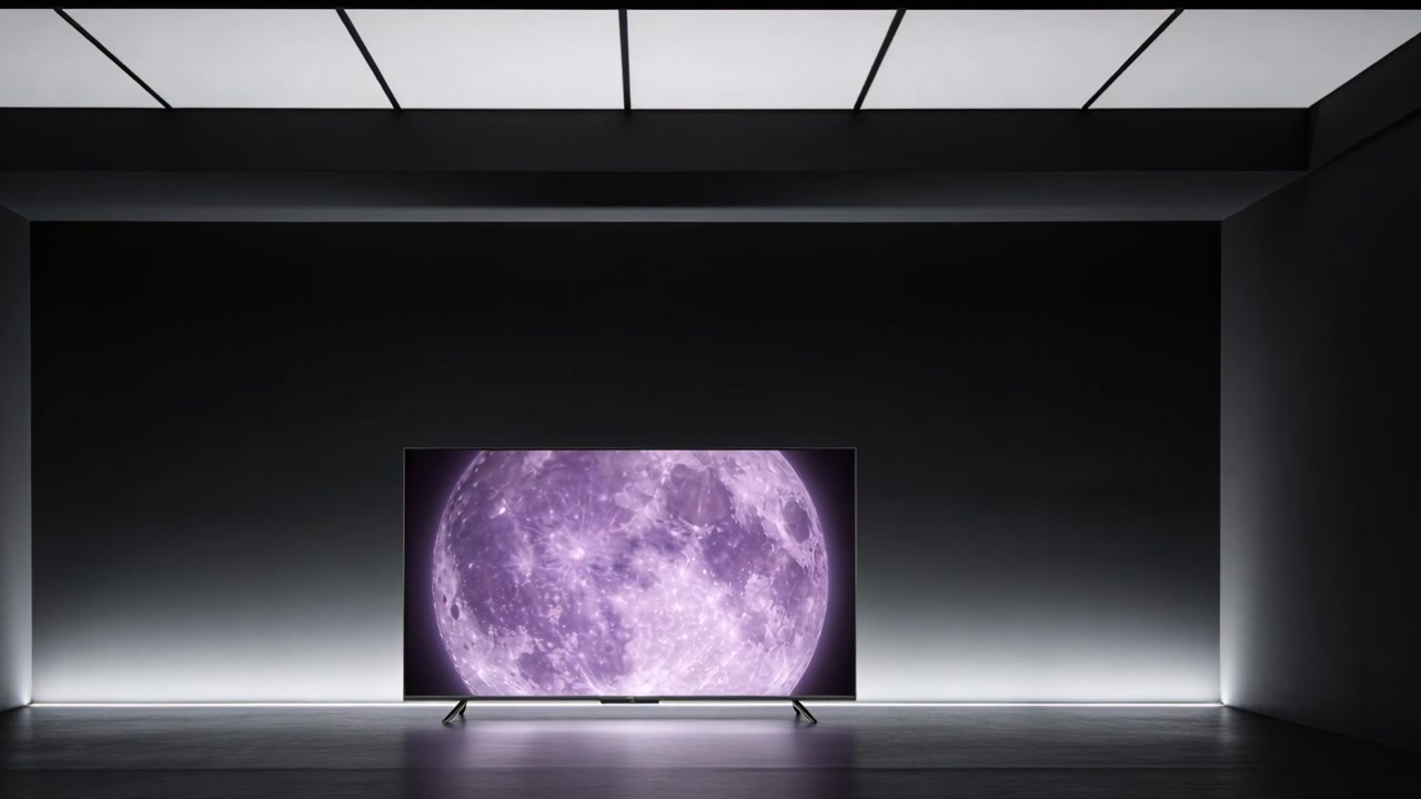 Afspilning starter på fladskærms-tv, zoomer ind på en lilla måne, der fylder skærmen i et showroom, der viser LED-glød