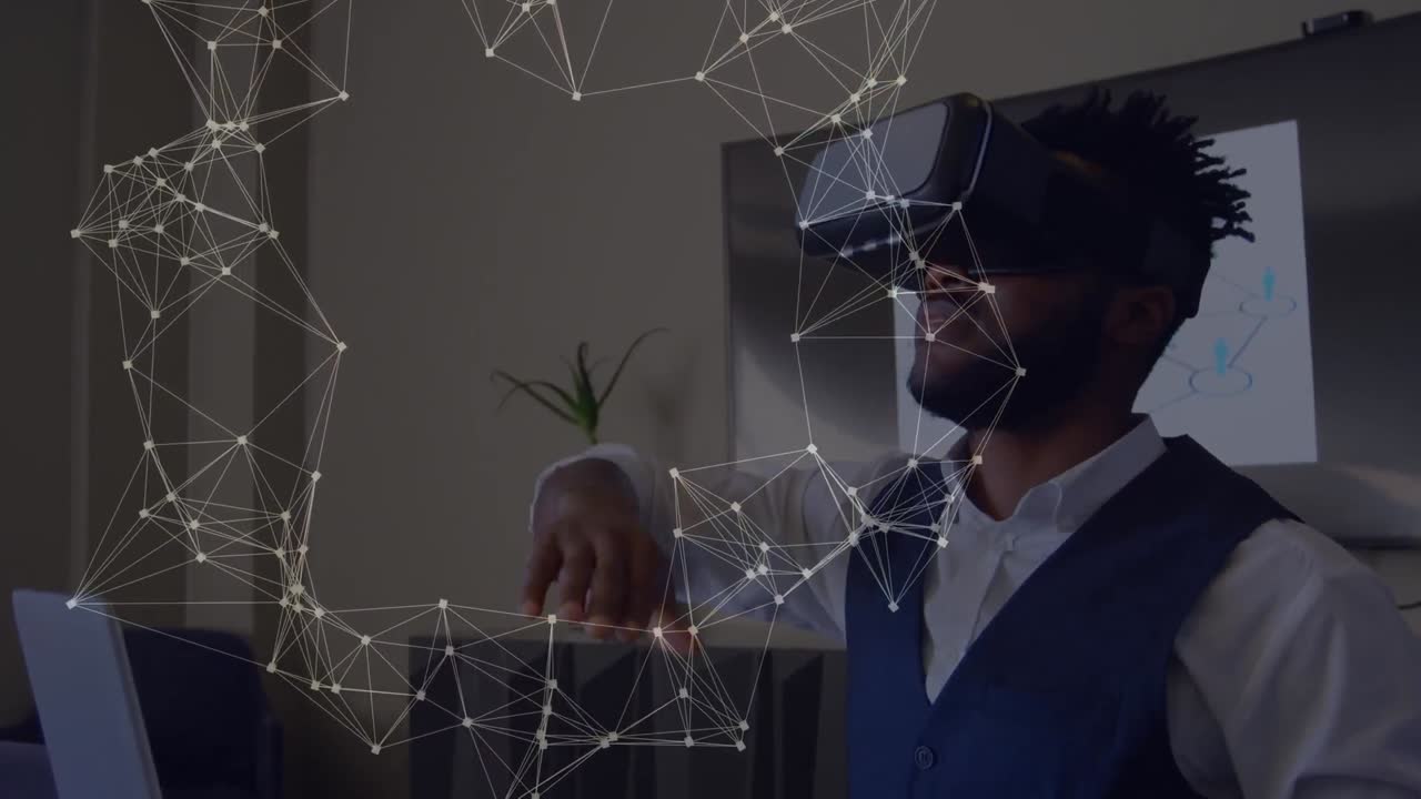 Animation of network of connections over african american businessman using vr headset