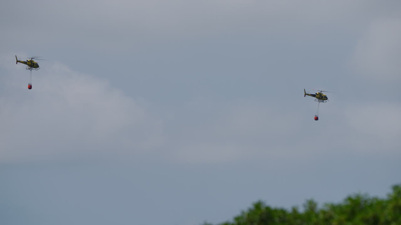 Two yellow firefighting helicopters each carrying a red bambi bucket while flying above trees