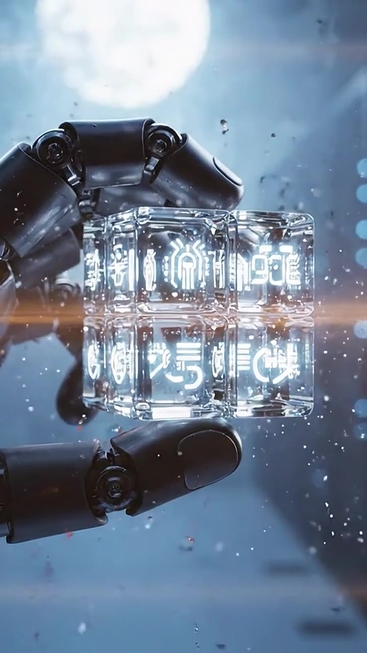 Futuristic robotic hand interacting with a glowing cube, showcasing advanced technology and intricate designs in a captivating, illuminated environment.