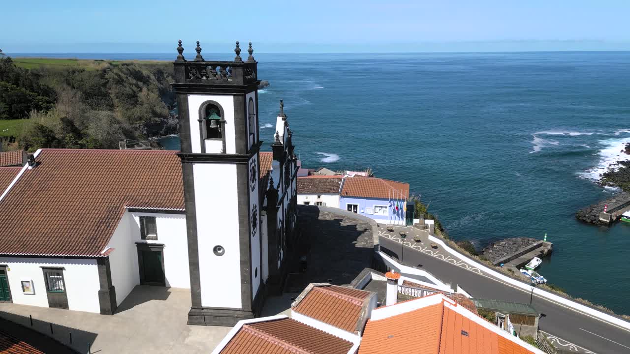 Stunning aerial footage of Porto Formoso church, Azores, Sao Miguel