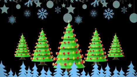 Animation-of-snow-falling-over-christmas-trees-on-blue-background