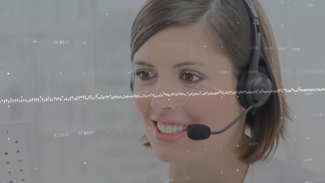 Animation-of-statistics-and-data-processing-over-businesswoman-wearing-phone-headset