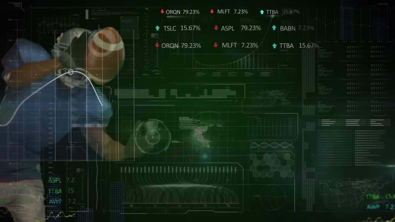 animación del procesamiento de datos sobre un jugador de rugby afroamericano