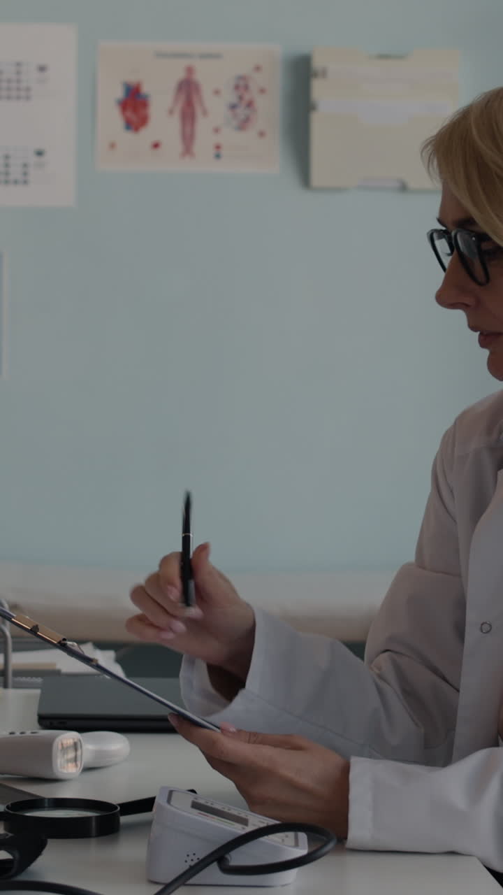 Female doctor reviewing patient report in clinic