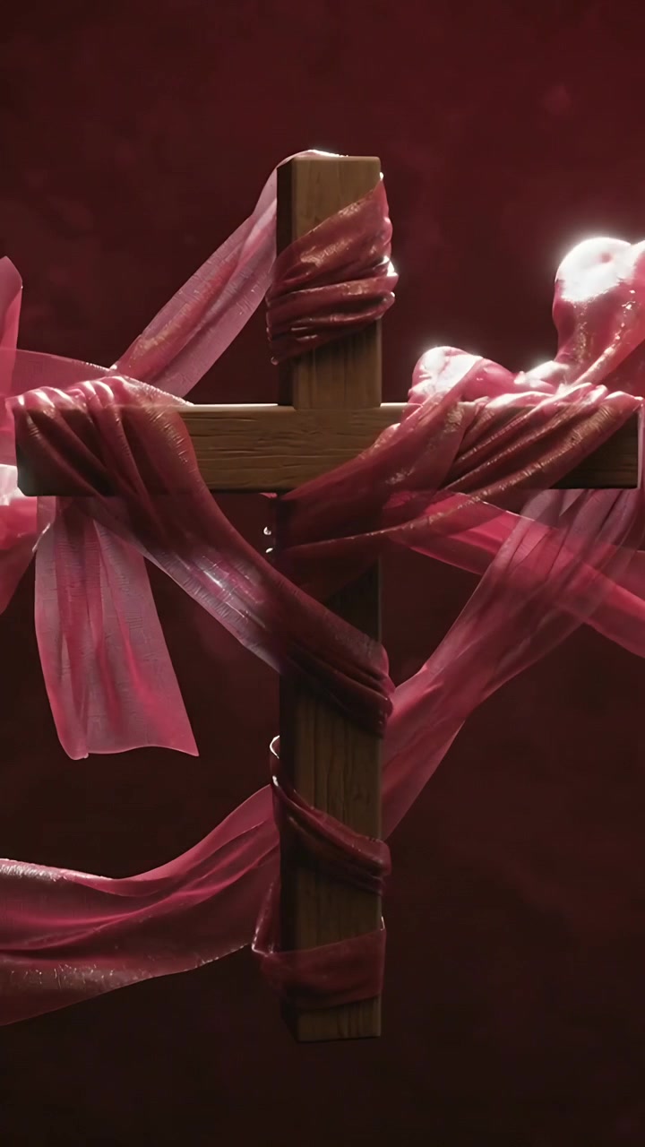 Video verticale: Luce e aria che si muovono, spostando una fascia rossa attorno a una croce di legno in studio, con foschia fumosa