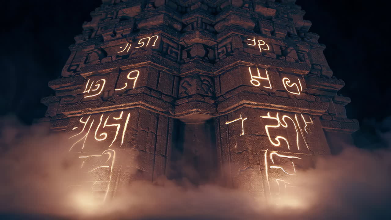 Ancient Temple Structure with Illuminated Carvings in Fog