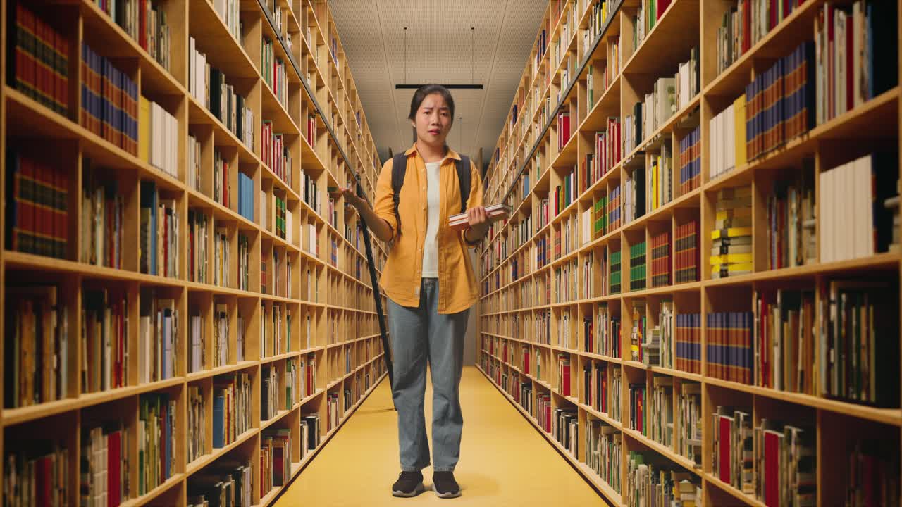 Full Body Of Wondering Asian Woman Student With A Backpack And Some Books Standing Doubtfully Saying Why In The Library