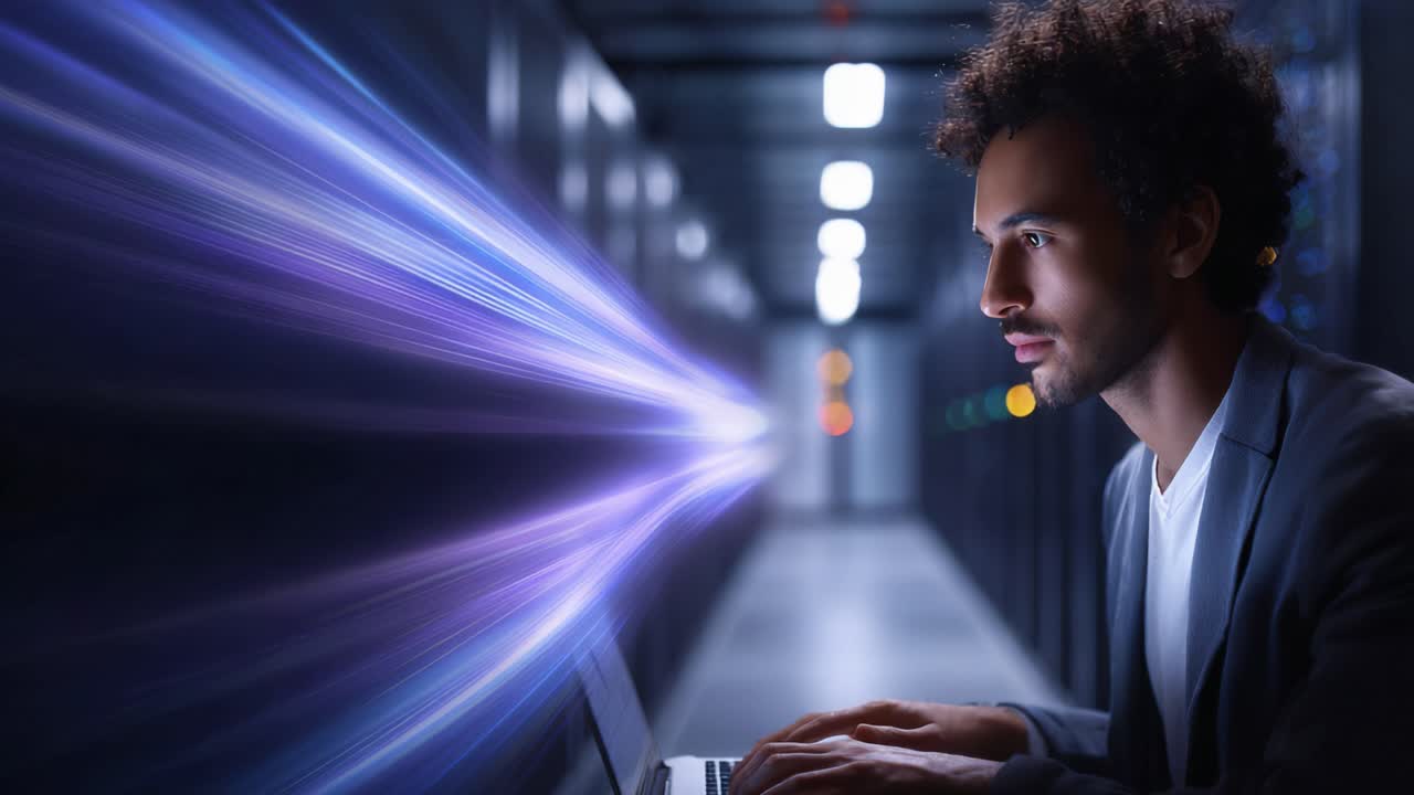 A Focused Individual Analyzing Data in a High-Tech Server Room with Dynamic Light Trails Illustrating Information Flow and Digital Connectivity