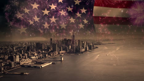 composizione della bandiera degli stati uniti d'america su una foto vintage di una città americana