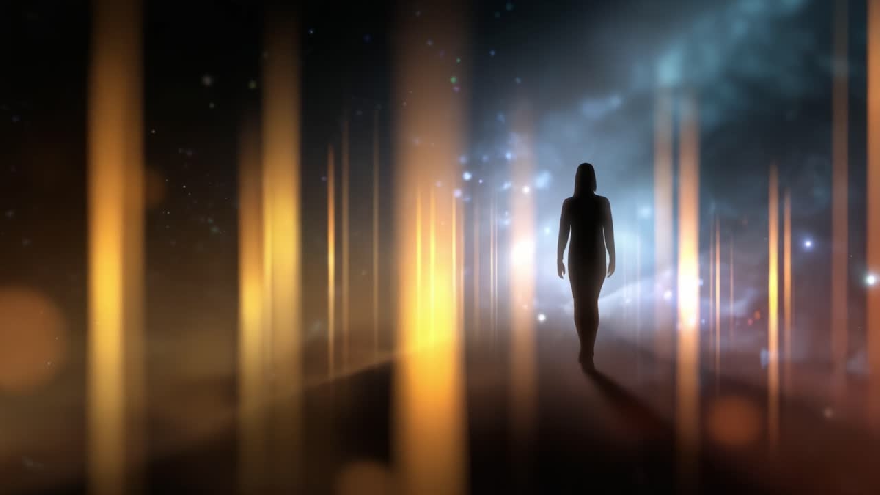 A silhouetted figure walking through an abstract luminous landscape, surrounded by glowing light beams and ethereal particles that evoke a sense of wonder and exploration