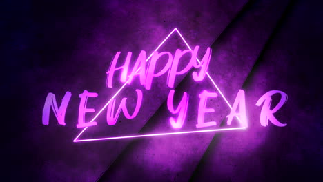 feliz año nuevo con triángulo morado neón en el escenario disco