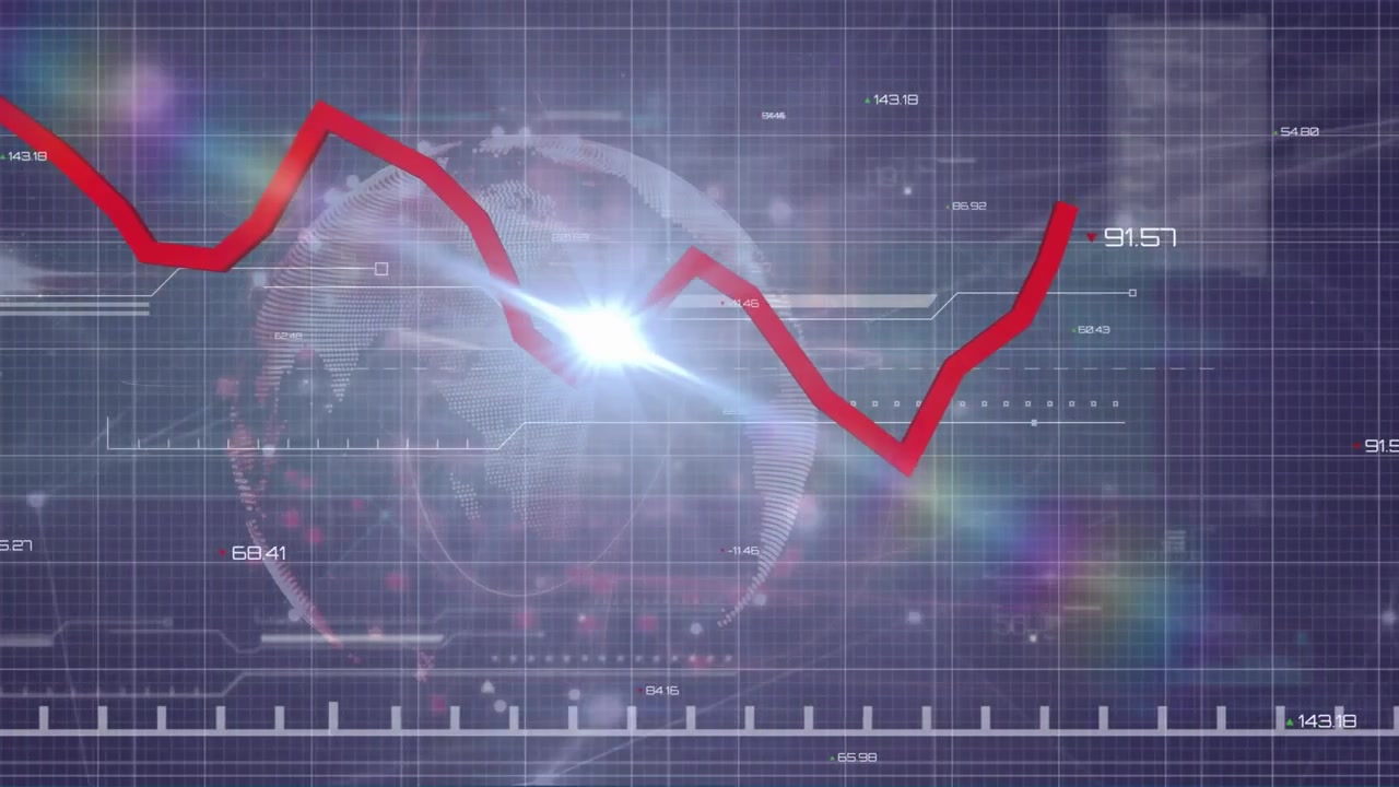 Animation of light spot and graphs over spinning globe and data processing on black background